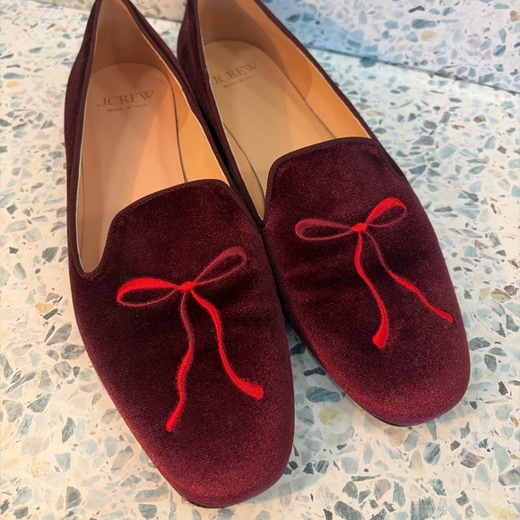 J. Crew Shoes - J Crew Velvet Bow Smoking Slippers Burgundy Flats Italy 8.5